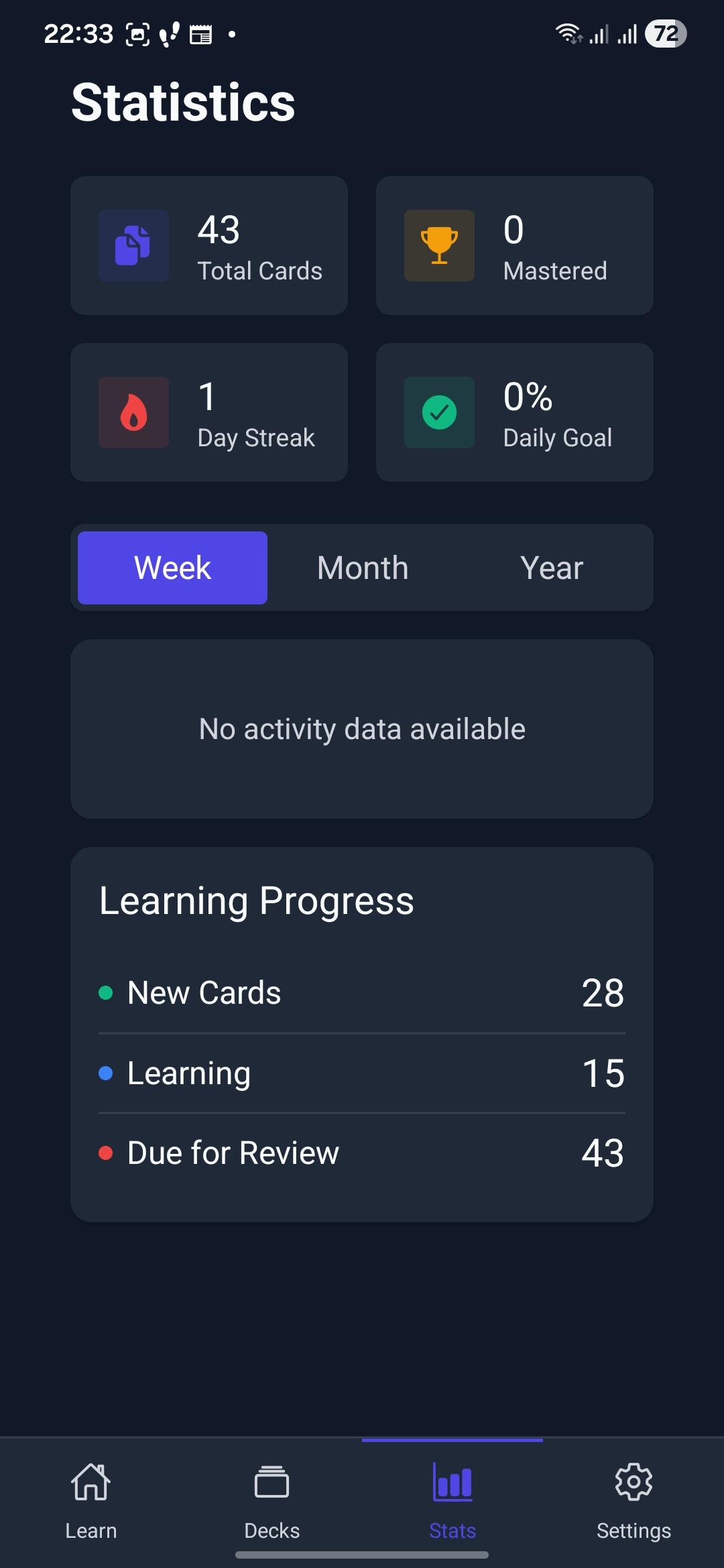 SACard progress statistics screen